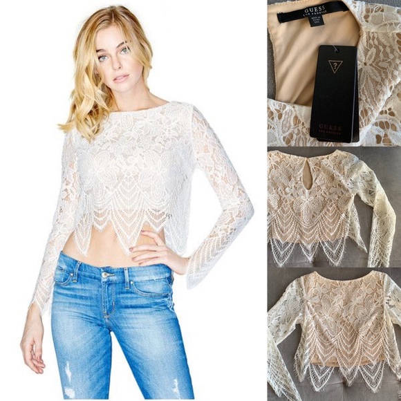 NWT✨ GUESS Saison Scalloped Lace Top - Picture 2 of 12